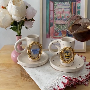 Handmade Ceramic Coffee Cup Saucer Set – Gold Wreath with Blue Butterfly & Bee Design – Unique Turkish Coffee Gift