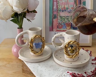 Handmade Ceramic Coffee Cup Saucer Set – Gold Wreath with Blue Butterfly & Bee Design – Unique Turkish Coffee Gift