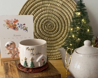 Christmas Holiday Mug – Handmade Ceramic Coffee Cup with Festive Tree & House Design | Cozy Winter Gift for Tea Cocoa Lovers