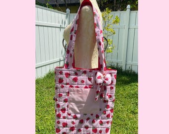 Strawberry Quilted Tote Bag: Handmade Pink Puffy Bow Charm