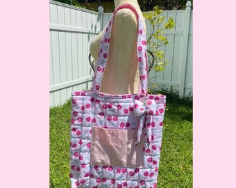 Quilted Disco Ball Cherry Tote Bag: Handmade Puffy Bow Charm
