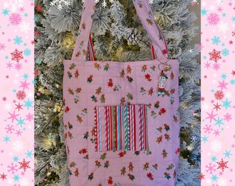 Pink Christmas Holiday Quilted Gingerbread Tote Bag