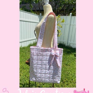 Quilted Small Bow Tote Bag: Handmade Pink and White Puffy Bow Coquette Charm