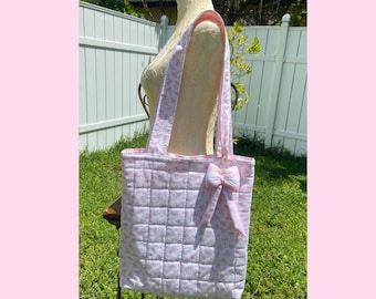 Quilted Small Bow Tote Bag: Handmade Pink and White Puffy Bow Coquette Charm