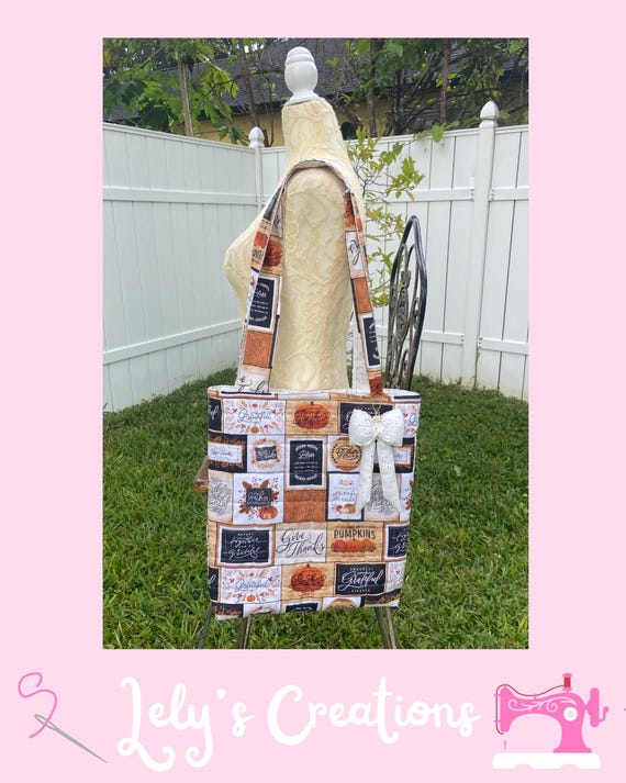Handmade Quilted Fall Tote Bag with a Puffy Bow Bag Charm