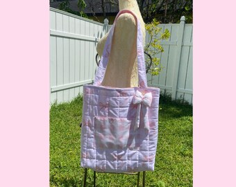Handmade Quilted Bow Tote Bag: Light Pink Coquet Design Puffy Bow Charm