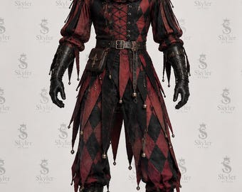 May include: A jester costume featuring a black and red diamond-patterned hooded tunic with a ruffled collar, lace-up bodice, and long sleeves. The outfit includes matching pants with pointed hems, a leather belt with a pouch, black gloves, and curled boots.