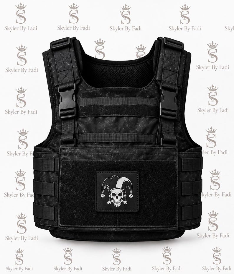 May include: A black tactical vest featuring a subtle marble-like pattern, adjustable shoulder straps with plastic buckles, and horizontal webbing straps. A square patch on the front displays a white graphic of a jester skull with a jester hat.