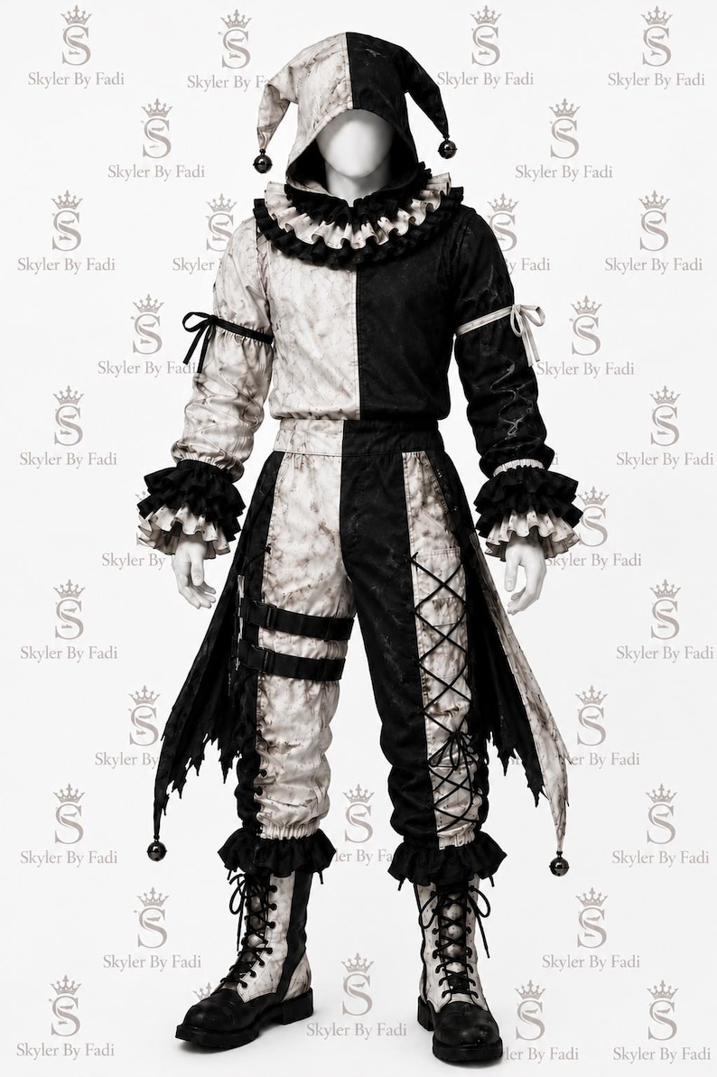 May include: A two-toned black and white jester costume featuring a hooded top with a ruffled collar, long sleeves with ruffled cuffs, and matching pants with side lacing and straps. The fabric has a mottled texture, and the hood includes bells.