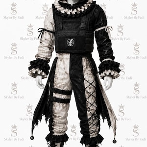 May include: A black and white jester costume featuring a hooded top with a ruffled collar, a tactical-style chest vest with a skull emblem, and matching trousers. The outfit includes layered fabric panels, lace-up details, and black combat boots.