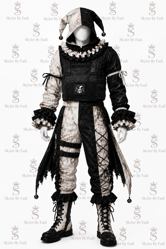 Inspired By Dark Jester Costume | Harlequin Distressed Black White Cosplay Outfit | Custom Made