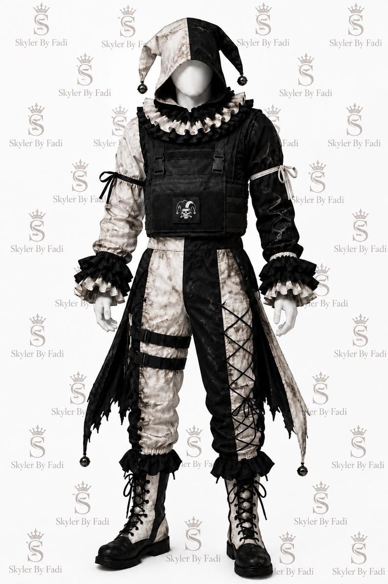 May include: A black and white jester costume featuring a hooded top with a ruffled collar, a tactical-style chest vest with a skull emblem, and matching trousers. The outfit includes layered fabric panels, lace-up details, and black combat boots.