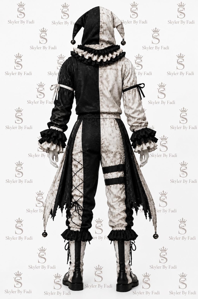 May include: A black and white jester costume featuring a hooded top with a ruffled collar, long sleeves with ruffled cuffs, and matching pants with a split-color design. The outfit includes lace-up details, decorative straps, and dangling bells.