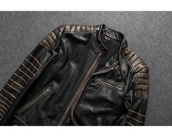 Men’s Retro Cowhide Leather Jacket – Vintage Distressed Motorcycle Biker Coat, Handmade Outwear, Gift