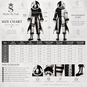May include: A black and white jester costume set size chart by Skyler By Fadi. The graphic displays front and back views of the costume, a detailed measurement table in inches and centimeters, and instructions on how to measure for the best fit.