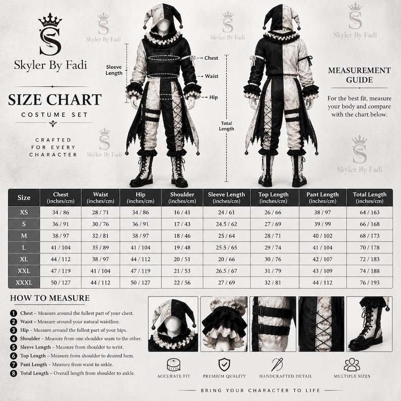 May include: A black and white jester costume set size chart by Skyler By Fadi. The graphic displays front and back views of the costume, a detailed measurement table in inches and centimeters, and instructions on how to measure for the best fit.