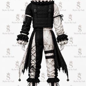May include: A black and white jester costume featuring a hooded top with jingle bells, a ruffled collar, and layered sleeves. The outfit includes a tactical-style vest, split-color trousers with lace-up detailing, and matching lace-up boots.