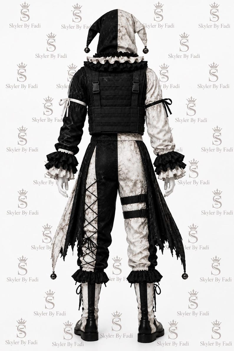 May include: A black and white jester costume featuring a hooded top with jingle bells, a ruffled collar, and layered sleeves. The outfit includes a tactical-style vest, split-color trousers with lace-up detailing, and matching lace-up boots.