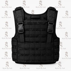 May include: A black tactical vest featuring a subtle marble-like pattern, multiple horizontal webbing straps for modular attachments, and two thick shoulder straps secured with large black plastic side-release buckles, centered against a white background.