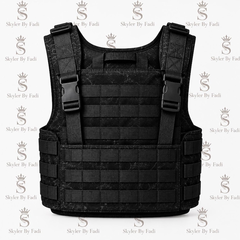 May include: A black tactical vest featuring a subtle marble-like pattern, multiple horizontal webbing straps for modular attachments, and two thick shoulder straps secured with large black plastic side-release buckles, centered against a white background.