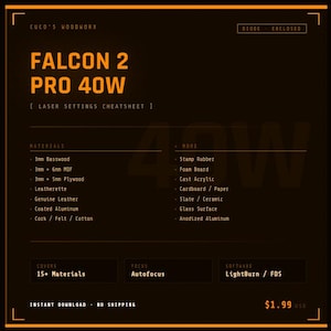 CREALITY FALCON 2 Pro 40W laserinställningar fuskblad PDF | Diodlasergraveringsguide | LightBurn Power Speed-referens | Direktnedladdning