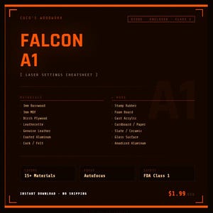 Può includere: Grafica arancione scuro con il testo "FALCON A1" e "LASER SETTINGS CHEATSHEET". L'immagine elenca materiali come basswood, MDF e similpelle, e caratteristiche come autofocus e sicurezza FDA Classe 1. È presente anche il testo "DOWNLOAD IMMEDIATO - NESSUNA SPEDIZIONE".