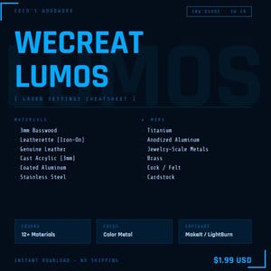 Op de afbeelding: Een donkerblauw digitaal laserinstellingen-cheatsheet voor de Wecreat Lumos met een lijst van materialen waaronder 3mm lindehout, kunstleer, echt leer, 3mm gegoten acryl, gecoat aluminium, roestvrij staal, titanium, geanodiseerd aluminium, messing, kurk, vilt en karton.