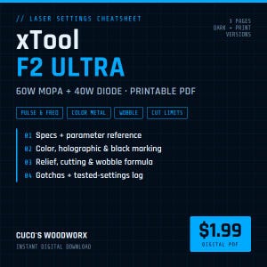 Könnte beinhalten: Ein digitales PDF-Laser-Einstellungs-Spickzettel für den xTool F2 Ultra 60W MOPA und 40W Diodenlaser. Die dunkelblaue Grafik enthält weißen und hellblauen Text mit Spezifikationen, Parameterreferenzen, Farbmarkierung, Relief, Schnitt und Wobble-Formeln.