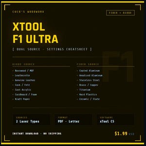Puede incluir: Una hoja de trucos de configuración digital para la cortadora láser XTool F1 Ultra, con un fondo oscuro y texto amarillo. Detalla los materiales de origen de diodo y fibra, el software y los detalles del formato. El precio es de $1.99.
