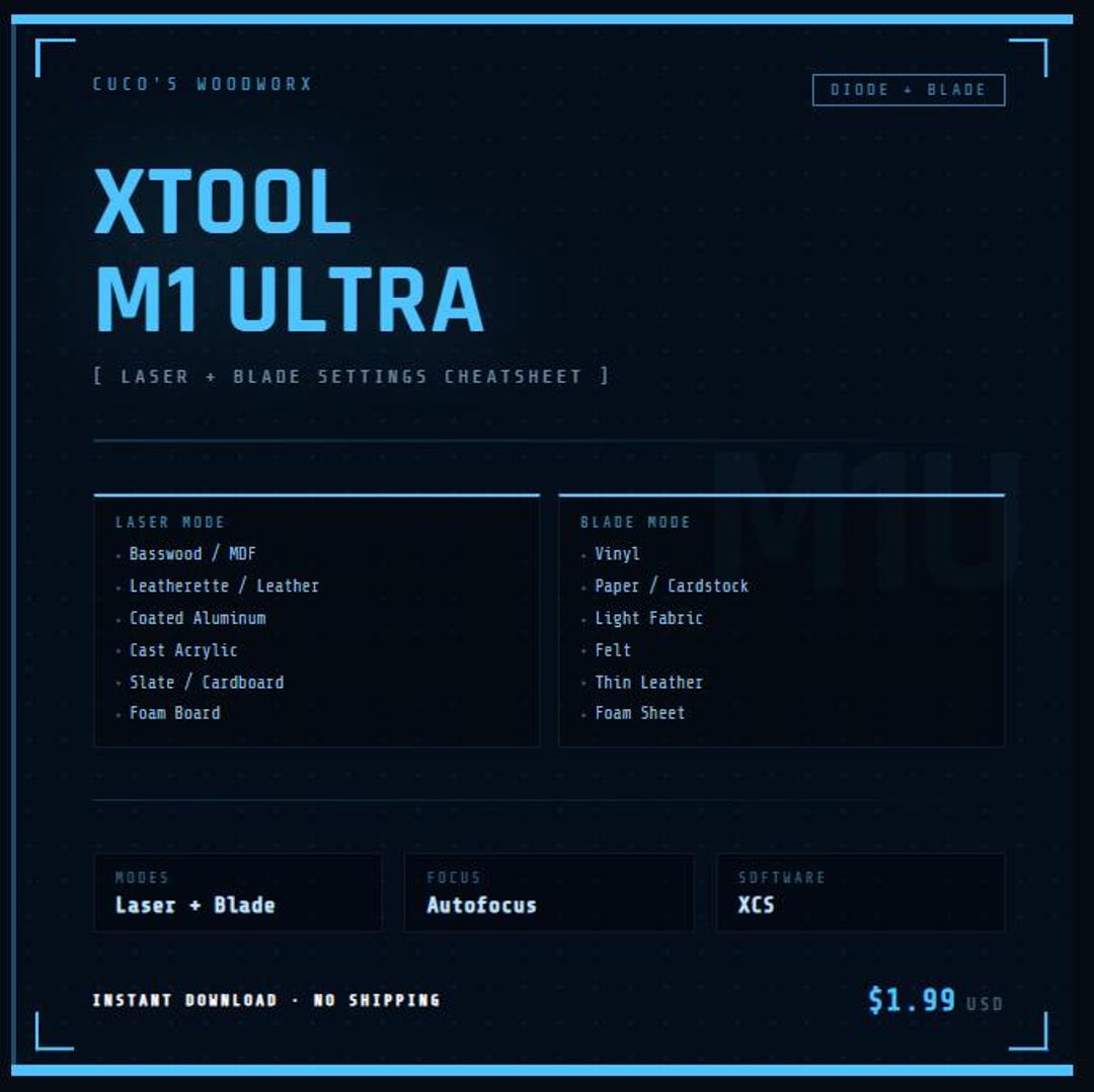 Xtool M1 Ultra Laser Settings Cheatsheet PDF | Diode Laser Engrave Cut ...