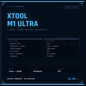 Puede incluir: Gráfico digital azul oscuro con el texto "XTOOL M1 ULTRA" y una lista de configuraciones de láser y cuchilla. El gráfico incluye el texto "Láser + Cuchilla" y "Enfoque automático". El precio es de $1.99.