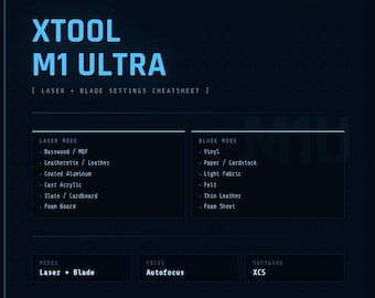 XTool M1 Ultra Lasereinstellungen Spickzettel PDF | Dioden Laser Gravur Schnittanleitung | LightBurn Power Geschwindigkeit Referenz | Sofort Download