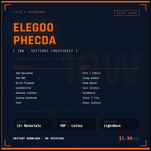Pode incluir: Uma folha de dicas de configurações digitais para o laser de diodo ELEGOO PHECDA, com fundo azul escuro e texto laranja. O guia cobre mais de 15 materiais, incluindo basswood, MDF e acrílico, em formato PDF e é compatível com o software LightBurn.
