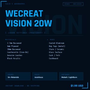 WeCreat Vision 20W laserinställningar fuskblad | Lind, läder, akryl (PDF-nedladdning)