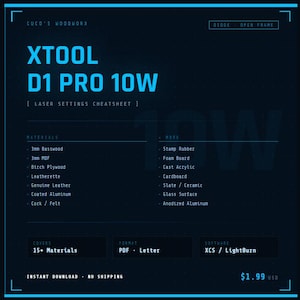 Puede incluir: Gráfico digital azul oscuro con el texto "XTOOL D1 PRO 10W" y una hoja de trucos de configuración láser. La imagen enumera materiales como basswood, MDF y polipiel, e incluye información de software.