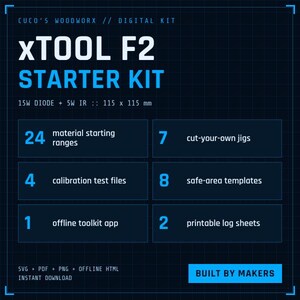 xTool F2 Starter Kit | Laser Settings Cheat Sheet, Jigs SVG, Test Files, Templates & Offline Toolkit | 15W Diode + 5W IR Digital Download