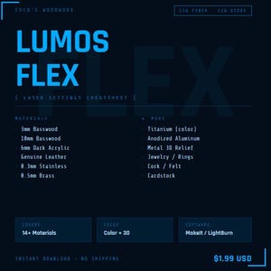Può includere: Una scheda di riferimento digitale blu scuro intitolata Lumos Flex Laser Settings Cheatsheet. Elenca le impostazioni laser per materiali tra cui tiglio da 3mm e 10mm, acrilico scuro da 6mm, pelle, acciaio inossidabile da 0,3mm, ottone da 0,5mm, titanio e sughero.