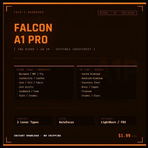 CREALITY FALCON A1 Pro laserinställningar fuskblad PDF | Diodlasergraveringsguide för skärning | LightBurn Power Speed-referens | Direktnedladdning