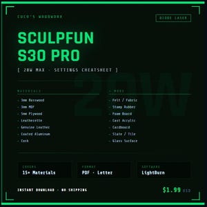 May include: A digital graphic with a dark green background features the text "SCULPFUN S30 PRO" in large, bright green letters. Below, a list of materials and more, including basswood, plywood, and felt, are listed. The graphic also mentions "LightBurn" software.