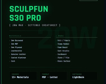 SCULPFUN S30 Pro Max 20W レーザー設定早見表 PDF | ダイオードレーザー彫刻・切断ガイド | LightBurn 出力速度リファレンス | 即時ダウンロード