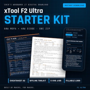 May include: A digital download starter kit for the xTool F2 Ultra laser, featuring two printed reference sheets and a mobile device screen displaying color engraving start ranges, technical parameters, and material settings.
