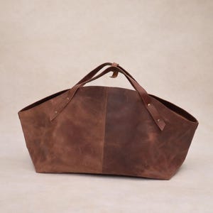 Handmade Leather Log Carrier – Firewood Tote bag with Handles – Rustic Fireplace Accessory and Storage Bag, Leather wooden basket