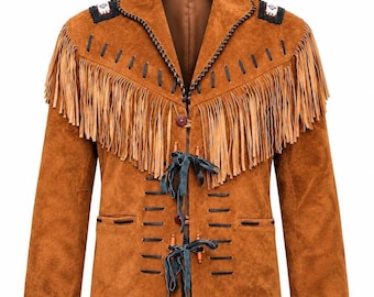 Mens Suede Fringe Jacket, Lace Front Western Cowboy Coat, Buckskin Style Rodeo Jacket