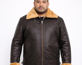 Men's Brown Leather Aviator B3 Jacket, Faux Shearling Collar, Winter Bomber Coat