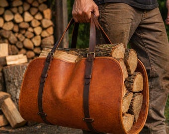 Leather Firewood Carrier Full Grain Log Carrier Heavy Duty Wood Tote Handmade Fireplace Wood Holder Rustic Cabin Decor Gift