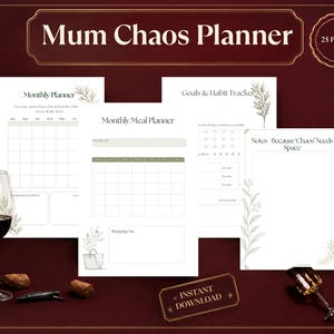 Könnte beinhalten: Ein 25-seitiges Mum Chaos Planner Set bestehend aus weißen Papierbögen mit grünem Text und botanischen Illustrationen. Die Seiten umfassen einen Monthly Planner, Monthly Meal Planner, Goals & Habit Tracker sowie eine Notizseite mit dem Titel Because Chaos Needs Space.