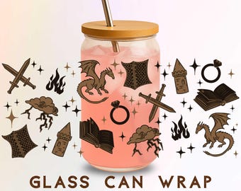 Romantasy Glass Can Wrap | PNG Digital File 16oz 20oz Glass Can Wrap | UVDTF Sublimation Fantasy Reader Bookworm Cup Wrap PNG Bronze Brown