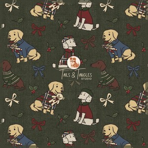 May include: A repeating pattern on a dark green background features various dog breeds wearing sweaters and hats. Some dogs hold toys or gifts, and the design includes bows, holly, and the text "Tails & Angles Studio".