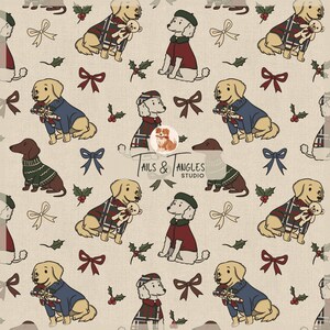 May include: A repeating pattern featuring illustrated dogs wearing sweaters and holding teddy bears. The dogs are in various poses, with holly sprigs and bows scattered throughout. The text "Tails & Angles Studio" is also present.