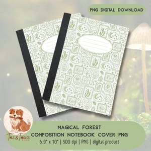 Pode incluir: Dois cadernos de composição com um design de floresta mágica. As capas são brancas com um padrão repetido de ilustrações verdes, incluindo cristais, luas e cogumelos. Os cadernos medem 17,5 cm x 25,4 cm e têm lombadas pretas. O texto na imagem diz "MAGICAL FOREST COMPOSITION NOTEBOOK COVER PNG".